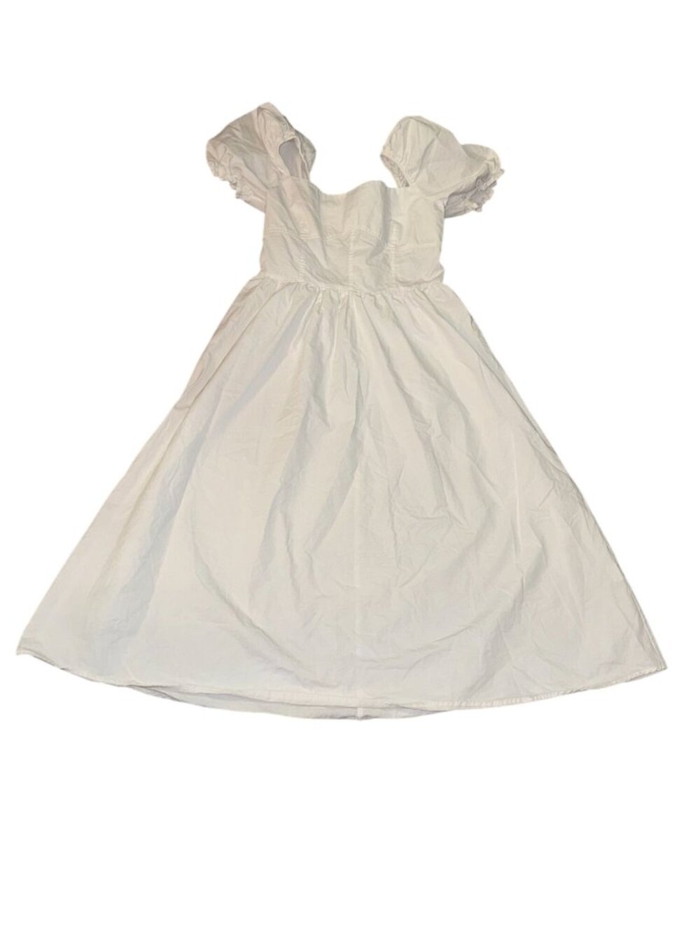 White Puff Sleeve Midi Dress With Shirred Bodice